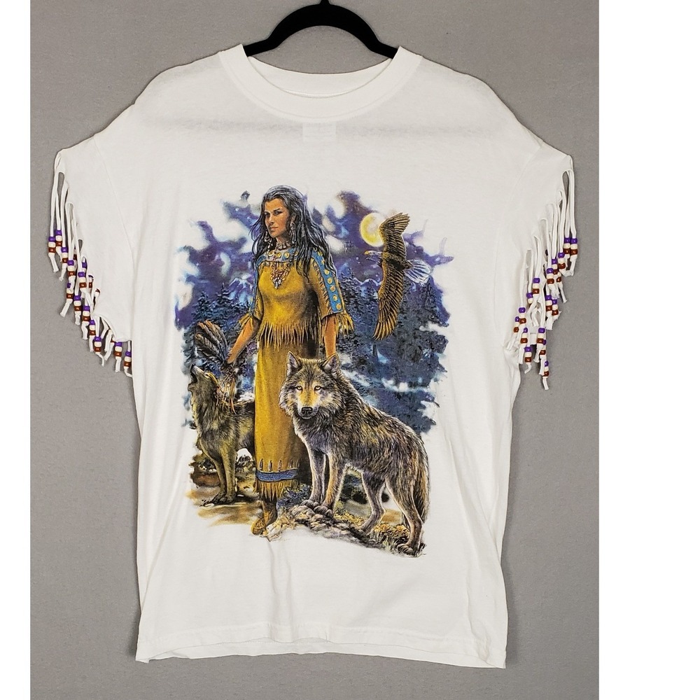 Vintage 90's Native Woman Graphic Tee Wolf Eagle Beaded Fringe Sleeve Size L